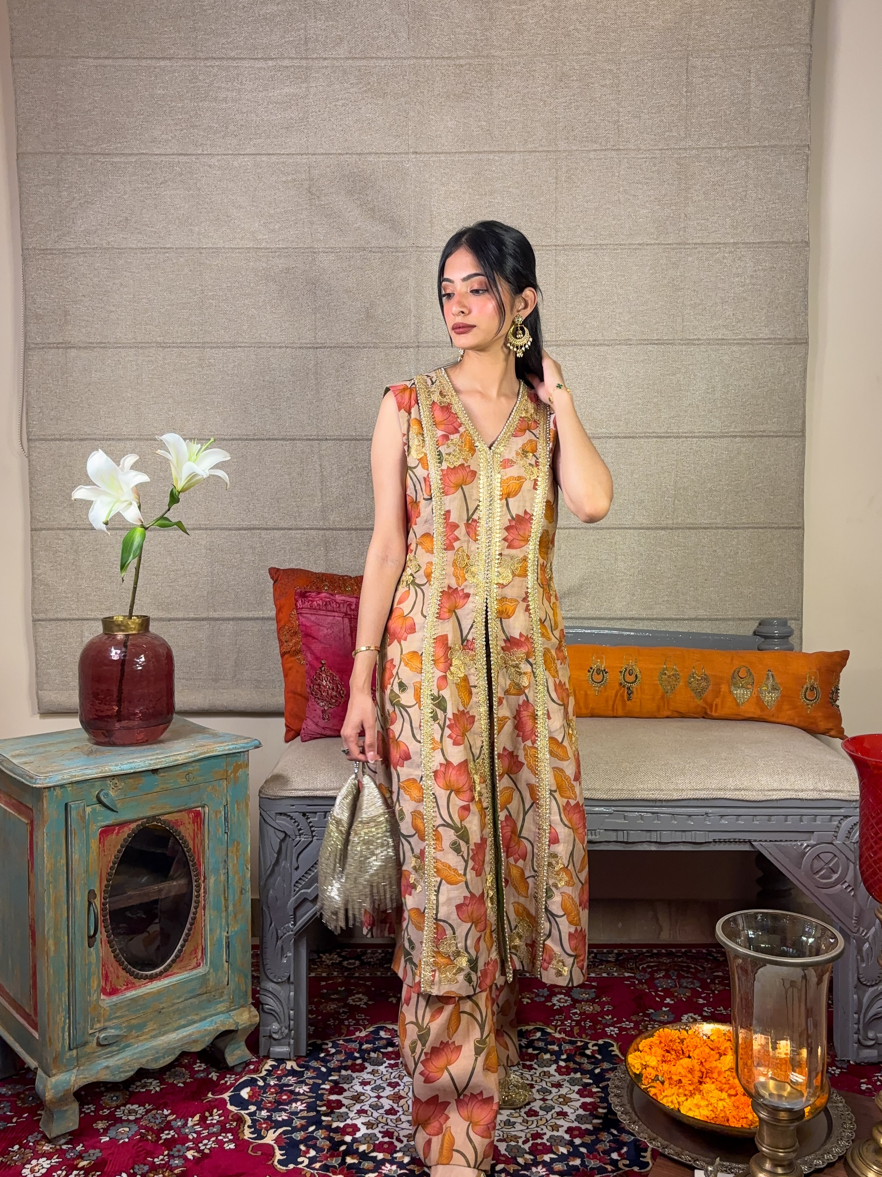 Beige Floral Kurta